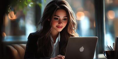 Young woman working on laptop in a cozy cafe with warm lighting during afternoon hours photo