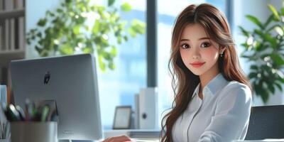 Young professional working in a modern office with natural light streaming in through large windows photo