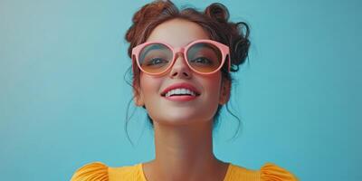 Brightly dressed woman with stylish glasses smiles against a blue background photo