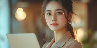 Young woman using laptop in a cozy indoor cafe during the afternoon hours while wearing stylish glasses photo