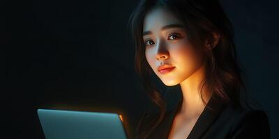 Young woman working late at night with a laptop in a dimly lit room photo