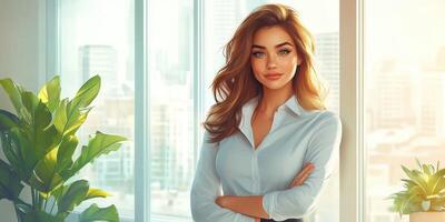 Confident woman with long hair stands in a bright office surrounded by plants while looking at the camera photo