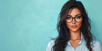 Professional woman with long hair and glasses poses against a turquoise background in a casual yet polished outfit photo
