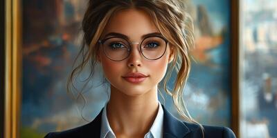 Portrait of a young professional woman in formal attire with glasses in a stylish office setting during daylight photo