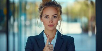 Confident businesswoman giving a thumbs up in a modern office setting during daytime photo