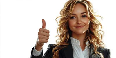 Confident professional woman giving thumbs up for success in a bright and optimistic setting photo