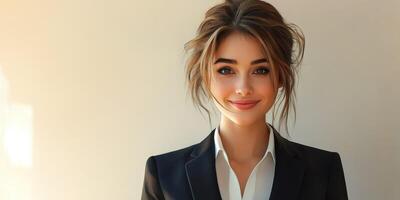 Young woman smiles confidently in a tailored suit against a neutral background during a professional photoshoot photo