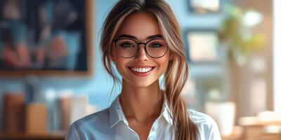 Smiling young woman in glasses in a bright office setting engaged in professional work photo