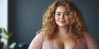 Portrait of a young woman with curly hair, smiling and standing indoors in a cozy environment with modern decor in late afternoon light photo