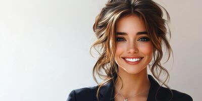 Smiling woman with long hair in a professional outfit enjoying bright lighting indoors photo