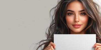 Young woman with long hair holds a blank sign in front of a neutral background while smiling warmly photo
