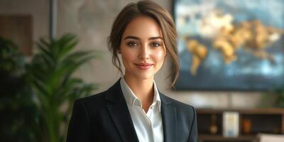 Confident business woman in an office setting presenting a professional image during a meeting photo