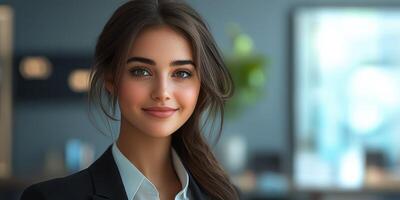 Professional young woman smiling warmly in a modern office setting with soft natural light photo