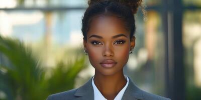 Confident businesswoman in professional attire stands against modern urban backdrop in bright daylight photo