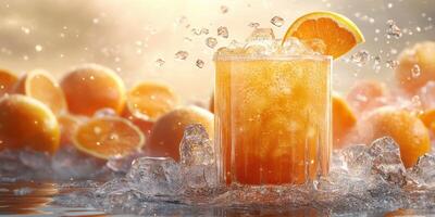 Refreshing orange drink garnished with a slice of citrus surrounded by fresh oranges and ice photo