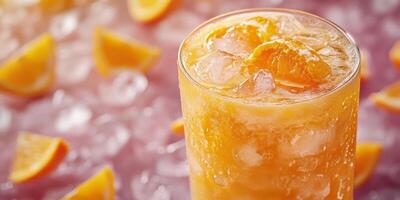 Refreshing citrus drink served over ice with orange slices on a vibrant background in a summer setting photo