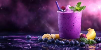 Refreshing purple smoothie with fruits and mint on a vibrant background photo