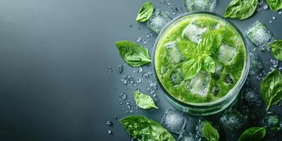 Refreshing green smoothie garnished with fresh basil leaves and ice cubes on a dark surface photo