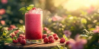 Refreshing raspberry drink served in garden with soft sunlight illuminating the surroundings photo