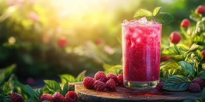 Refreshing raspberry drink served on a sunny afternoon surrounded by lush greenery photo