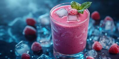 Refreshing raspberry smoothie served in a glass with ice and mint garnish, perfect for a summer day photo