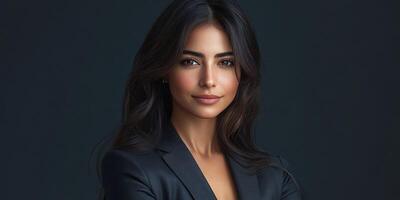 Portrait of a confident woman in a dark blazer against a muted background showcasing strength and poise photo