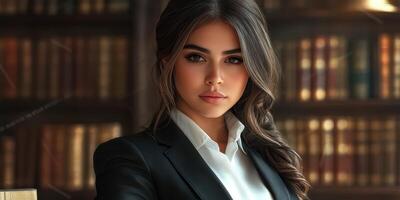Confident young professional in a formal setting with a library background during the day photo