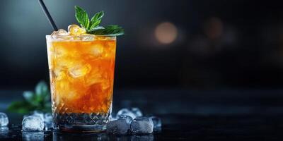Refreshing beverage served over ice with mint garnish in a stylish glass on a dark background photo