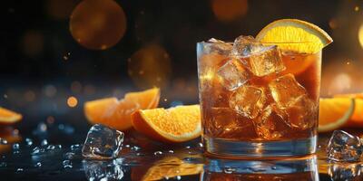 Refreshing cocktail with ice and orange slices on a dark background with bokeh lighting photo