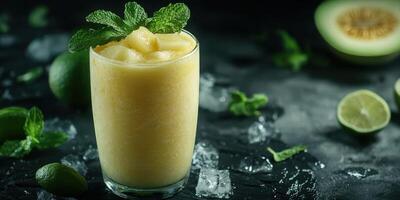Fresh melon smoothie with mint garnishing on dark background captured in a kitchen setting photo