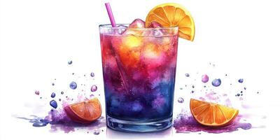 Colorful cocktail with ice and citrus garnishes set against a bright background during a summer gathering photo