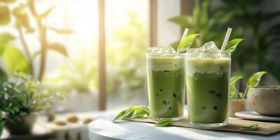 Refreshing green tea drinks served with ice and fresh leaves in a cozy sunlit setting photo