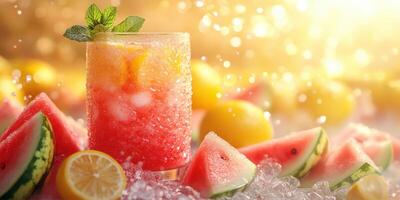 Refreshing watermelon lemonade drink garnished with mint leaves in a sunny setting with citrus fruits photo