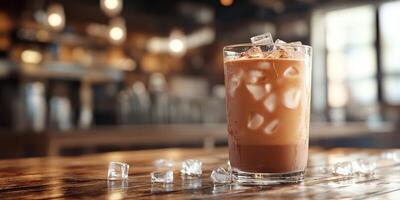 Iced coffee served in a glass with ice cubes on a wooden table in a cozy cafe setting during the afternoon photo