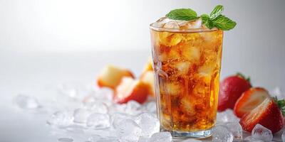 Refreshing iced tea with strawberries and mint served in a tall glass with ice on a clean surface photo