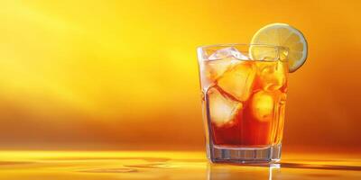 Refreshing iced tea with lemon slice set against a vibrant yellow background in warm lighting photo