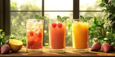 Refreshing summer drinks with vibrant colors served in glasses on a wooden table surrounded by greenery photo