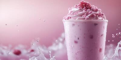 Refreshing pink dessert drink with whipped cream and raspberry topping enjoyed in a vibrant setting photo