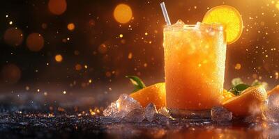 Refreshing orange drink served over ice with citrus slices and vibrant sparkles in the background at a summer gathering photo