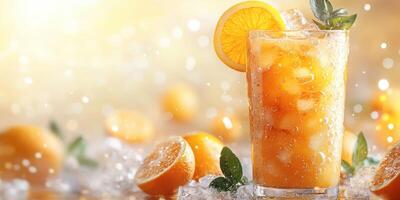 Refreshing orange beverage served over ice with garnishes and fresh oranges photo