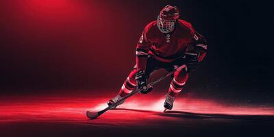 Hockey player glides across the ice in a dramatic red-lit arena during an intense match at night photo