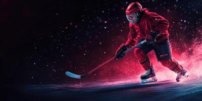 Dynamic hockey player skating through a vibrant, snow-filled arena under dramatic lighting photo