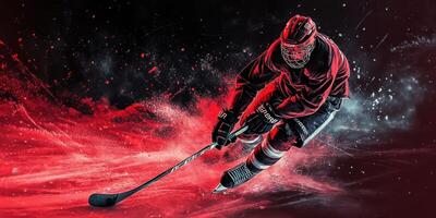 Dynamic hockey player skates passionately across the ice, showcasing skill and intensity during a critical game moment photo