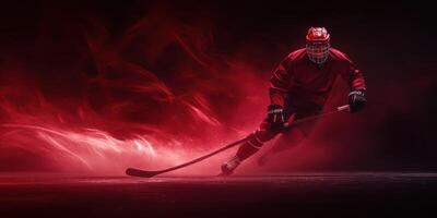 Hockey player in red uniform skating intensely on an ice rink with dramatic lighting effects photo