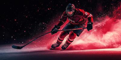 Skater in red uniform performs a dynamic move on the ice during an intense hockey match at a modern rink in winter photo