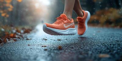 Bright orange running shoes splashing through wet autumn leaves on a forest path during a rainy day photo