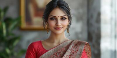 Indian woman wearing a traditional saree smiles warmly in an indoor setting with elegant decor photo