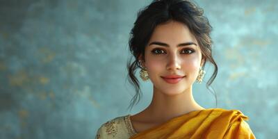 Elegant woman in traditional attire poses gracefully against a softly lit backdrop showcasing artistry and cultural beauty photo