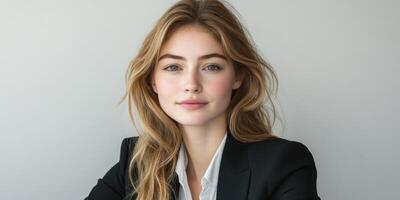 Confident young woman in a smart suit with a relaxed demeanor posing for a professional portrait photo