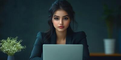 Professional woman focused on laptop while working in a modern office environment photo